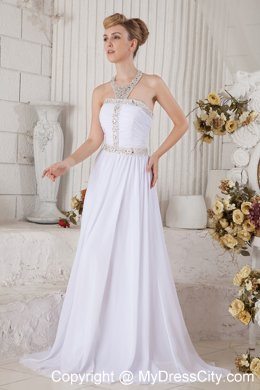 Unique White Halter Top Beading Chiffon Evening Dresses for Celebrity