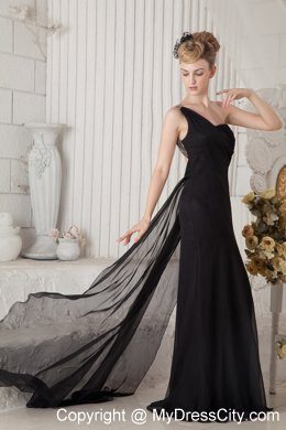 Black One Shoulder Prom Dress Watteau Train Chiffon with Backless