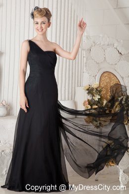 Black One Shoulder Prom Dress Watteau Train Chiffon with Backless