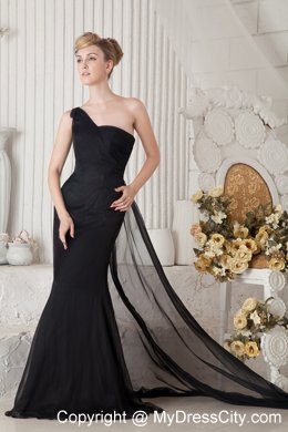 Black One Shoulder Prom Dress Watteau Train Chiffon with Backless