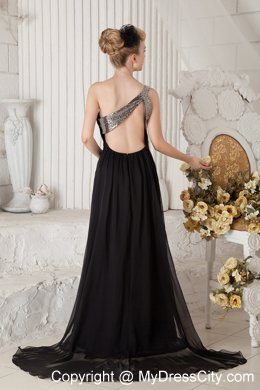 Black One Shoulder Prom Dress Watteau Train Chiffon with Backless