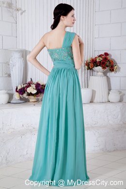 Turquoise Chiffon One Shoulder Evening Cocktail Dress with Appliques