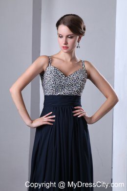 Dark Navy Blue Straps Beading Prom Evening Dresses with Beading