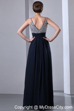 Dark Navy Blue Straps Beading Prom Evening Dresses with Beading