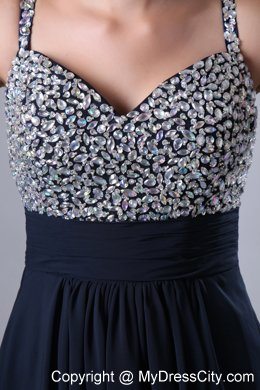 Dark Navy Blue Straps Beading Prom Evening Dresses with Beading