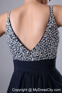 Dark Navy Blue Straps Beading Prom Evening Dresses with Beading