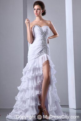 White Sweetheart Beading High Slit Evening Dresses with Ruffled Layers