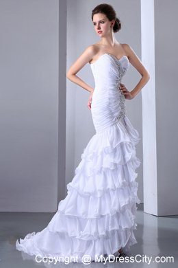 White Sweetheart Beading High Slit Evening Dresses with Ruffled Layers