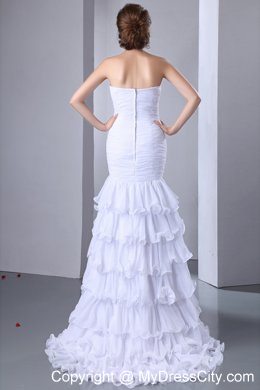 White Sweetheart Beading High Slit Evening Dresses with Ruffled Layers