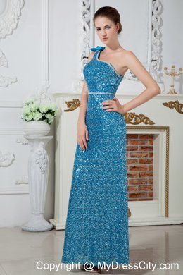 Fashion Teal One Shoulder Sequin Beading Evening Dress 2013