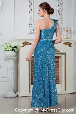 Fashion Teal One Shoulder Sequin Beading Evening Dress 2013