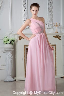 Cheap Baby Pink One Shoulder Evening Formal Gowns with Ruches