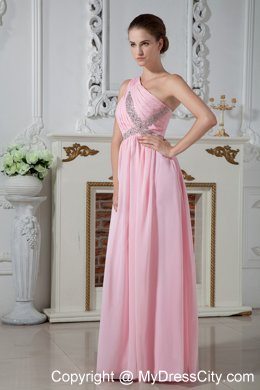 Cheap Baby Pink One Shoulder Evening Formal Gowns with Ruches