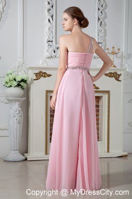 Cheap Baby Pink One Shoulder Evening Formal Gowns with Ruches