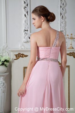 Cheap Baby Pink One Shoulder Evening Formal Gowns with Ruches