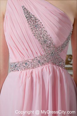 Cheap Baby Pink One Shoulder Evening Formal Gowns with Ruches