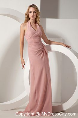 Light Pink Halter Ruches Prom Evening Dresses with Ruches Chiffon