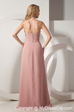 Light Pink Halter Ruches Prom Evening Dresses with Ruches Chiffon