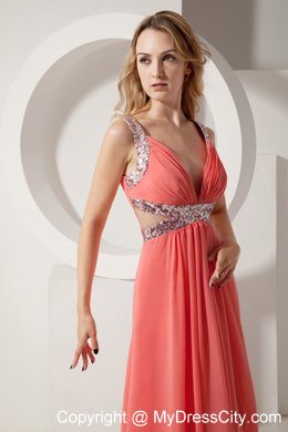 Rust Red Empire V-neck Long Sequins Chiffon Evening Formal Gowns