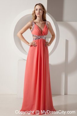 Rust Red Empire V-neck Long Sequins Chiffon Evening Formal Gowns