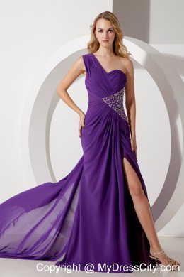 Purple One Shoulder Ruches and Beading Evening Dress Watteau Train