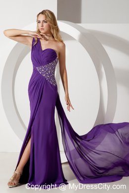 Purple One Shoulder Ruches and Beading Evening Dress Watteau Train