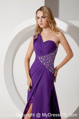 Purple One Shoulder Ruches and Beading Evening Dress Watteau Train