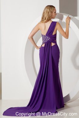 Purple One Shoulder Ruches and Beading Evening Dress Watteau Train