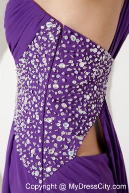 Purple One Shoulder Ruches and Beading Evening Dress Watteau Train