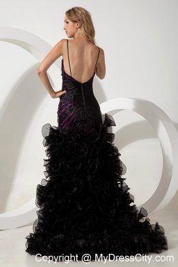 Black Spaghetti Straps High-low Evening Dress with Beading Ruffles