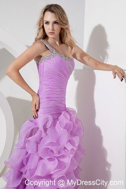 Lavender Beaded One Shoulder Ruffled and Ruches Evening Dress