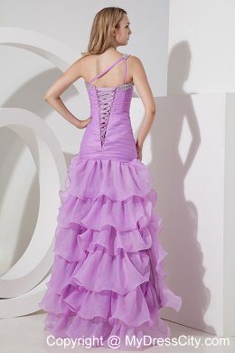 Lavender Beaded One Shoulder Ruffled and Ruches Evening Dress