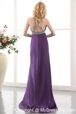 Purple Straps High Slit Evening Dresses for Celebrity with Beading