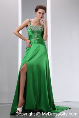 Sexy Green Beading High Slit Evening Dress with Straps and Ruches