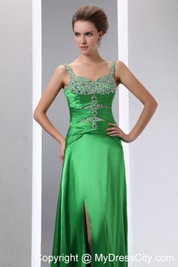 Sexy Green Beading High Slit Evening Dress with Straps and Ruches