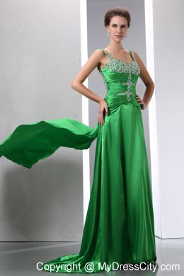 Sexy Green Beading High Slit Evening Dress with Straps and Ruches