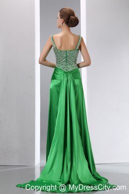 Sexy Green Beading High Slit Evening Dress with Straps and Ruches