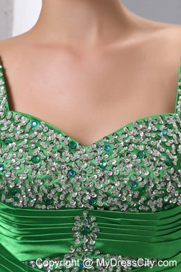 Sexy Green Beading High Slit Evening Dress with Straps and Ruches