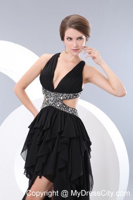 Black V-neck High-low Evening Dress with Side Cut Out Backless Beading