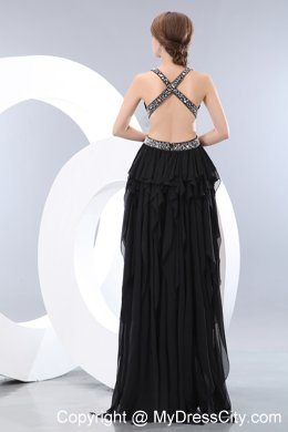 Black V-neck High-low Evening Dress with Side Cut Out Backless Beading