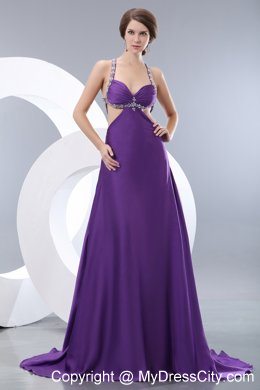 Sexy Purple Empire Straps Evening Dress with Side Cut Out Beading