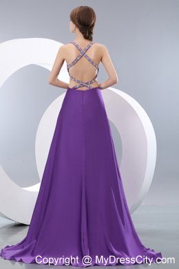 Sexy Purple Empire Straps Evening Dress with Side Cut Out Beading