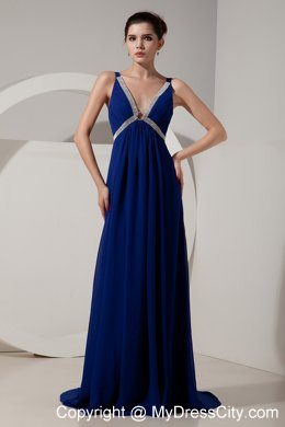 Beautiful Peacock Blue V-neck Evening Formal Gowns with Beading