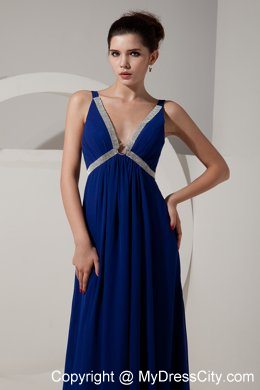 Beautiful Peacock Blue V-neck Evening Formal Gowns with Beading