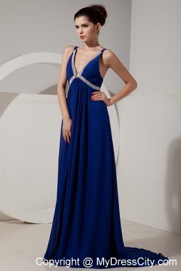 Beautiful Peacock Blue V-neck Evening Formal Gowns with Beading