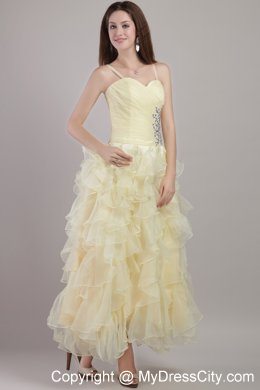 Light Yellow Spaghetti Straps Ruffles Beading 2013 Prom Evening Dress