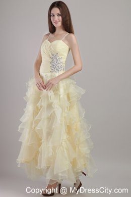 Light Yellow Spaghetti Straps Ruffles Beading 2013 Prom Evening Dress