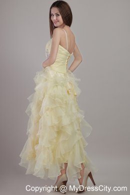 Light Yellow Spaghetti Straps Ruffles Beading 2013 Prom Evening Dress