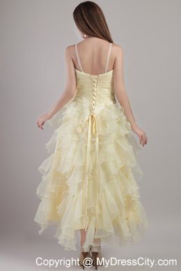 Light Yellow Spaghetti Straps Ruffles Beading 2013 Prom Evening Dress