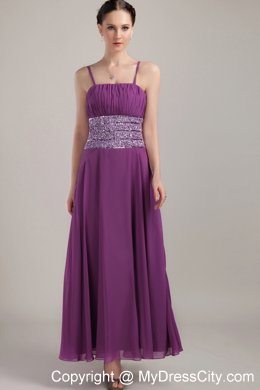 Purple Spaghetti Strap Ankle-length Chiffon Ruches Evening Dresses